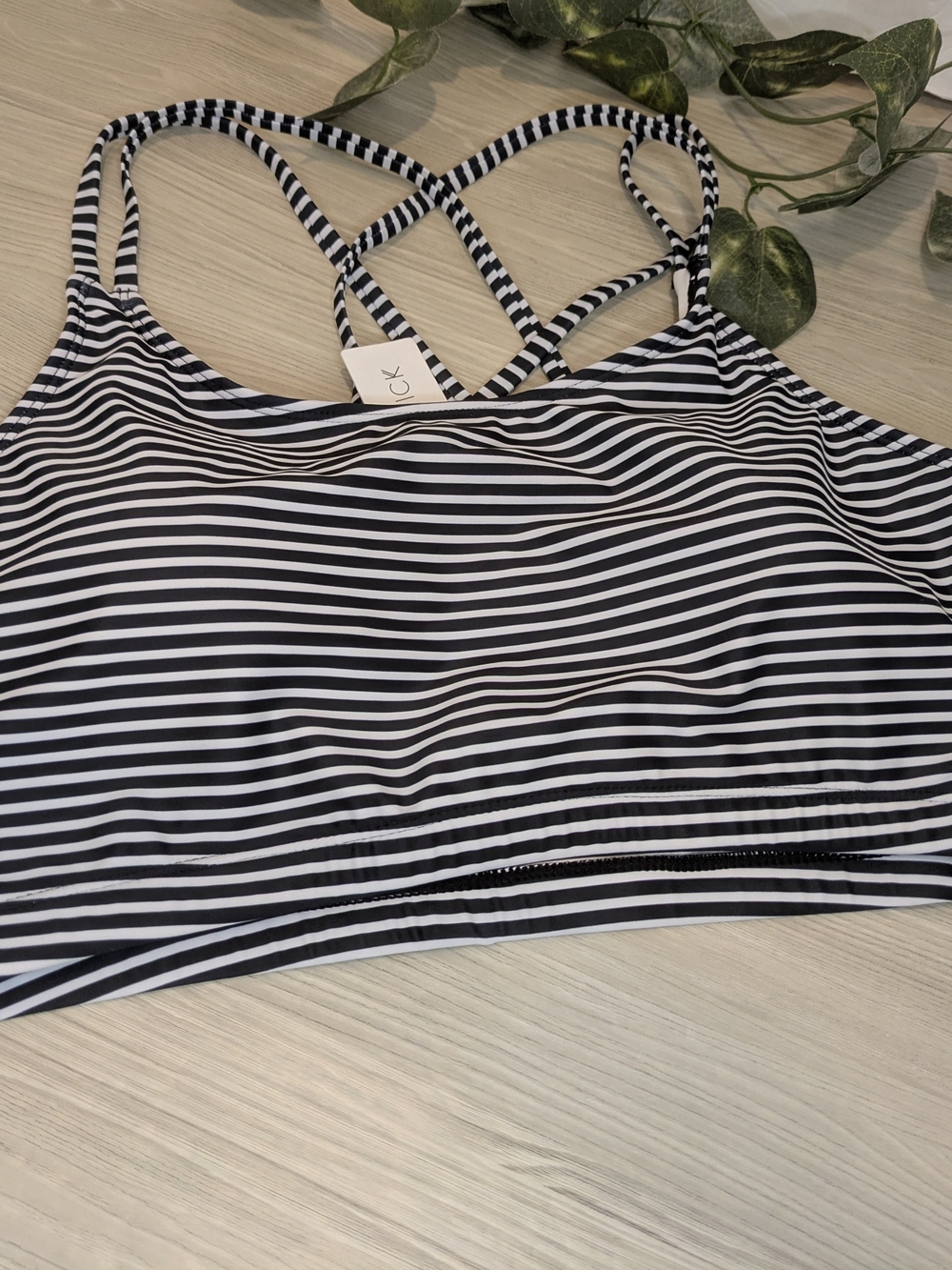 Striped Black & White Crisscross Bikini Top